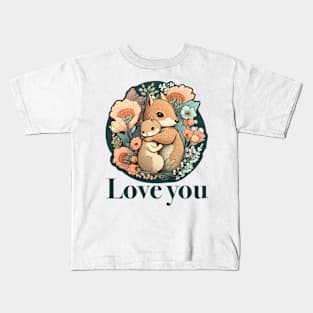 Mother and Baby Squirrel Embracing in Flowers Garden Love you Kids T-Shirt